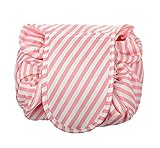 Drawstring Cosmetic Bag Travel Lazy Makeup Storage Bag Toiletry Bags Portable&Waterproof Quick Pack Large Cosmetic Bag Dual Magic Bags with Zipper&Drawstrings (Pink Stripe)