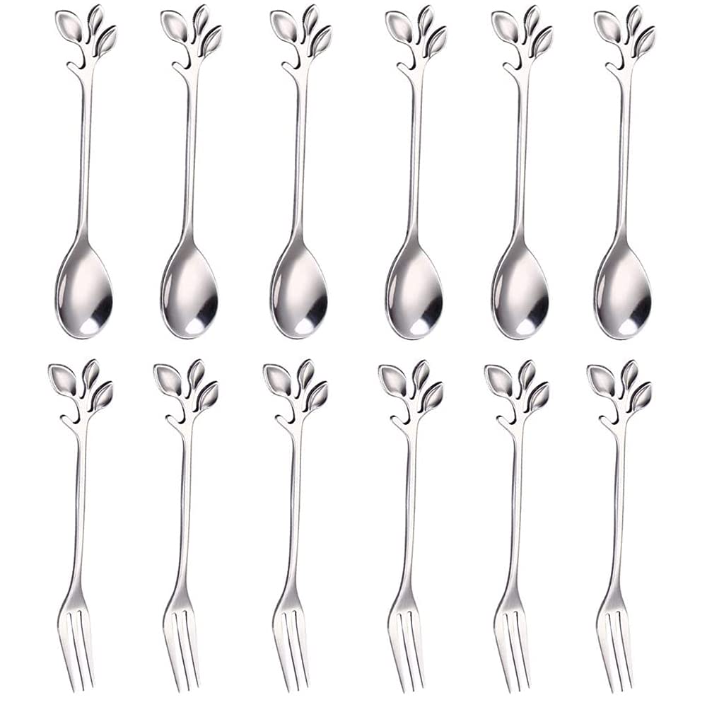 12 Pcs Tea Sugar Spoons, Stainless Steel Dessert Coffee Tea Spoon, Stainless Steel Tea Fork, Appetizer Dessert Forks, Including 6 Spoons and 6 Forks, for Kitchen Tea Parties and Coffee Shops (Silver)