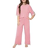 Haloumoning Girls Two Piece Outfits Kids Fashion Short Sleeve Sweater Tops and Wide Leg Pants Set 5-14 Years