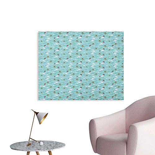 Warm Family Baby Wall Sticker Decals Funny Bear on Ladder Trying to Reach The Kite in Sky Clouds Kids Nursery Cartoon Poster Paper Turquoise Teal W48 xL32