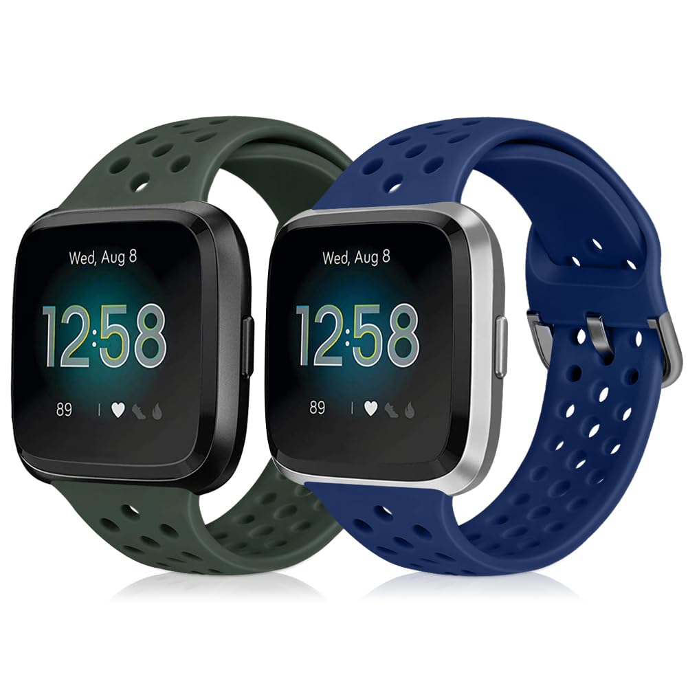Runostrich Sport Strap Compatible with Fitbit Versa 2/Fitbit Versa/Versa Lite/SE,Soft Silicone Band Replacement Breathable Wristband Accessories Smart Fitness Watch Women Men(Dark Blue+Dark Olive)