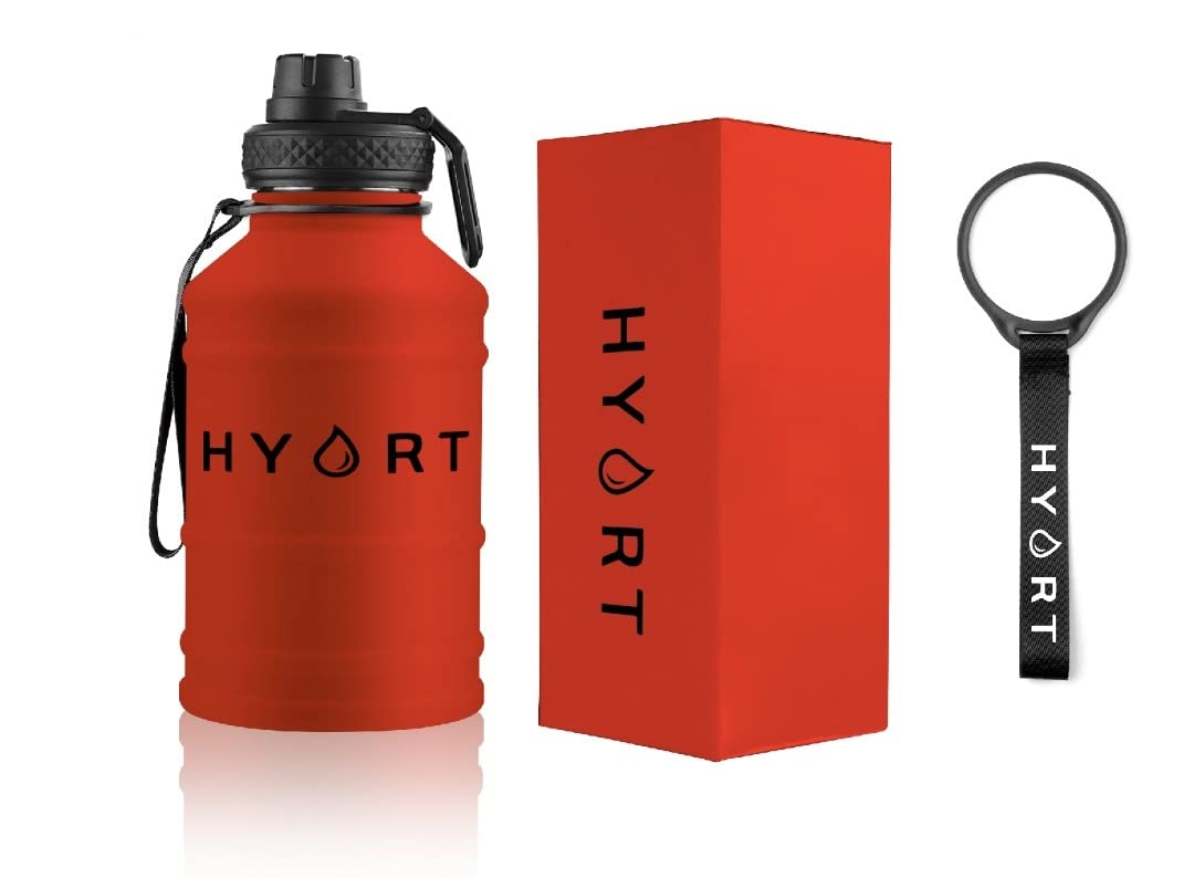 2.2L Stainless Steel Water Bottle by HYDRT - RED - Highest Grade Steel - Utility Strap - Gym bottle - Canteen