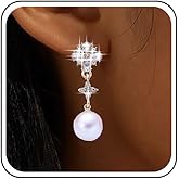 Aneneiceera Vintage Crystal Pearl Dangle Earrings Gold Long Rhinestone Earring Wedding Cz Drop Earring Bridal Pearl Crystal Earrings Jewelry for Women