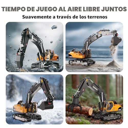 GraceDuck RC Excavator Toy 3 in 1 Remote Control 2.4GHz - Beach and Construction Toys with Alloy Shovel, Crusher and Claw, 680° Spin, Construction Vehicle for Kids Ages 6-12
