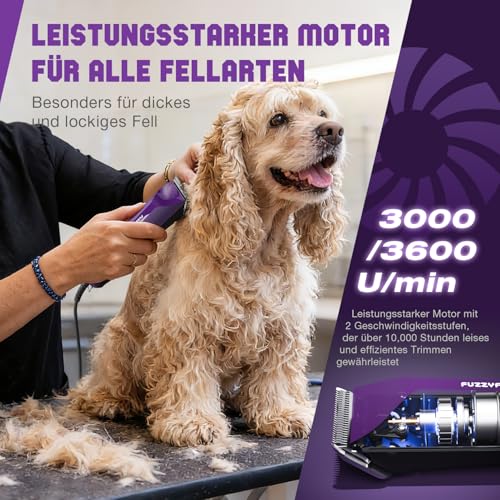 FuzzyFix Hundeschermaschine Profi mit Kabel und Metall-Aufsteckkämme,3m Kabel,Läuft kühl und leise, mit Rutschfestes, Bruchsicheres Gehäuse für Dickes, Langes und Lockiges Tierhaare Fell