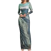 VKIHOC Floral Long Sleeve Maxi Dress Mesh Ruched Bodycon Formal Cocktail Dresses for Women 2026