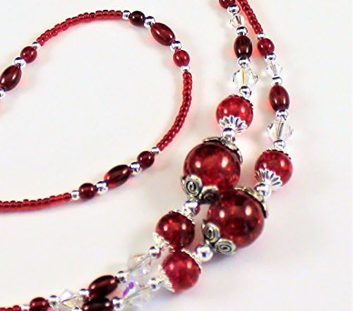 Beaded Lanyard~Red Crackle~Swarovski Crystal~Badge ID Holder