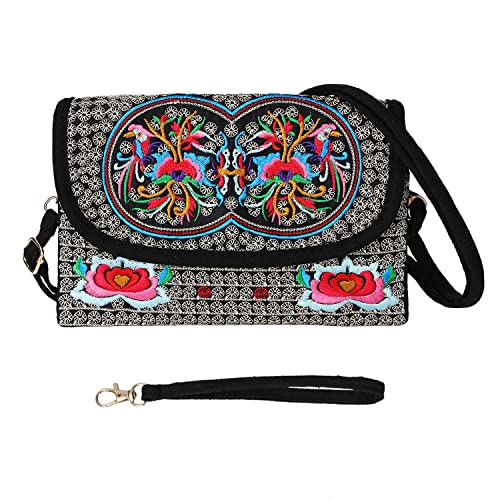 Boho Ethnic Mini Hippie Shoulder Bag, Hobo Crossbody Purse-Women's Canvas Girls Small Sling Handbag with Adjustable Strap,Vintage Embroidered Flower Coin Phone Purse