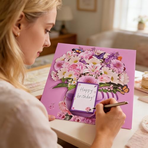 Pop Up Birthday Cards for Women with Birthday Music & Lights, Peony & Gerbera Flower Bouquet with Butterflies Design, 10 Inch Birthday Greeting Card for Mum, Wife, Sisters, Bonus Envelope & Note Card