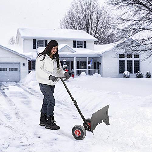 TUFFIOM Wheeled Snow Shovel Pusher ,Metal Rolling Removal Tool with