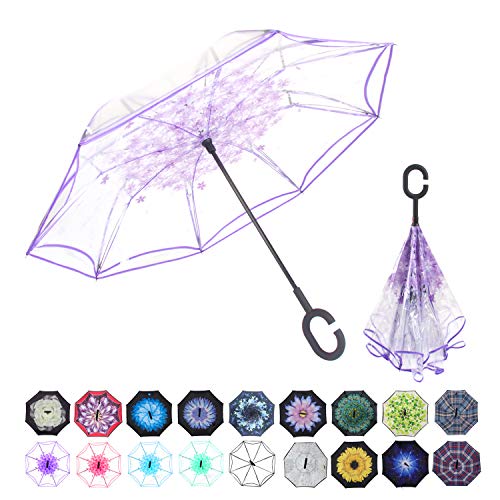 WASING Double Layer Inverted Umbrella Cars Reverse Umbrella, Windproof UV Protection Big Straight Umbrella for Car Rain Outdoor with C-Shaped Handle (Transparent Purple)