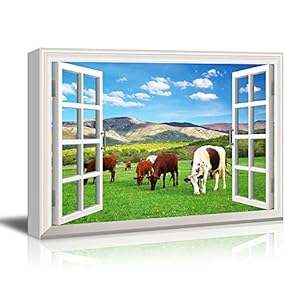 Window Peering into a Field with Hills and Cows