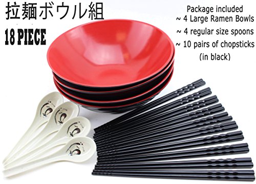 18 PC Japanese Ramen Bowl Set ~ æ‹‰éººãƒœã‚¦ãƒ«çµ„ Made of Melamine With Regular Size Spoons, Chopsticks, Made of Melamine, For Vietnamese Pho Recipe, Menudo Snacks, Rice Udon Noodle Bowl ~ We Pay Your Sales Tax