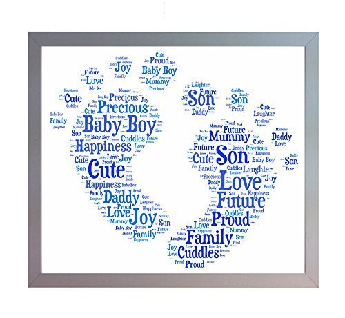 Oaktree Gifts Framed New Baby Boy Footprint Word Art A4 Print. Baby Boy Photo Picture Keepsake for new Mum, Dad, Brother, Sister or Family. New Baby