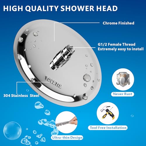 Rain Shower Head 30cm Rain Shower Head 304 Stainless Steel Rain Head High Pressure Water Flow Self-Cleaning Silicone Nozzles Easy Wall/Ceiling Mount Chrome Finish