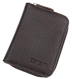 DEEZOMO Genuine Leather Mini Credit Card & Coin Wallet with Zipper for Men and Women - Coffee