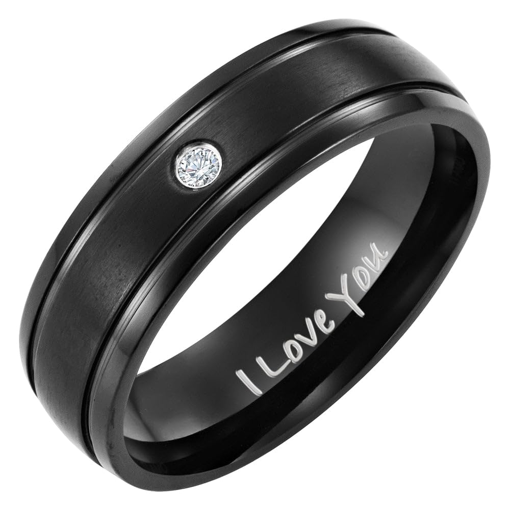 Willis Judd Mens Black Titanium Ring Engraved I Love You CZ Stone In Gift Box 7mm Wedding Band Ring for Men Engagement Ring Comfort Fit Size Z