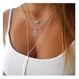 Chain Necklace, Women Multilayer Irregular Boho Beaded Leaf Feather Pendant Chain Statement Necklace Jewelry (Sliver, Alloy)