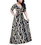 SheKiss Womens Casual Sexy V Neck Long Sleeves Printed Loose Stretch Floor Length Maxi Prom Party Dress With Belt