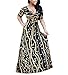 Womens Casual Sexy V Neck Long Sleeves Printed Loose Stretch Floor Length Maxi Prom Party Dress with Belt BlackGold