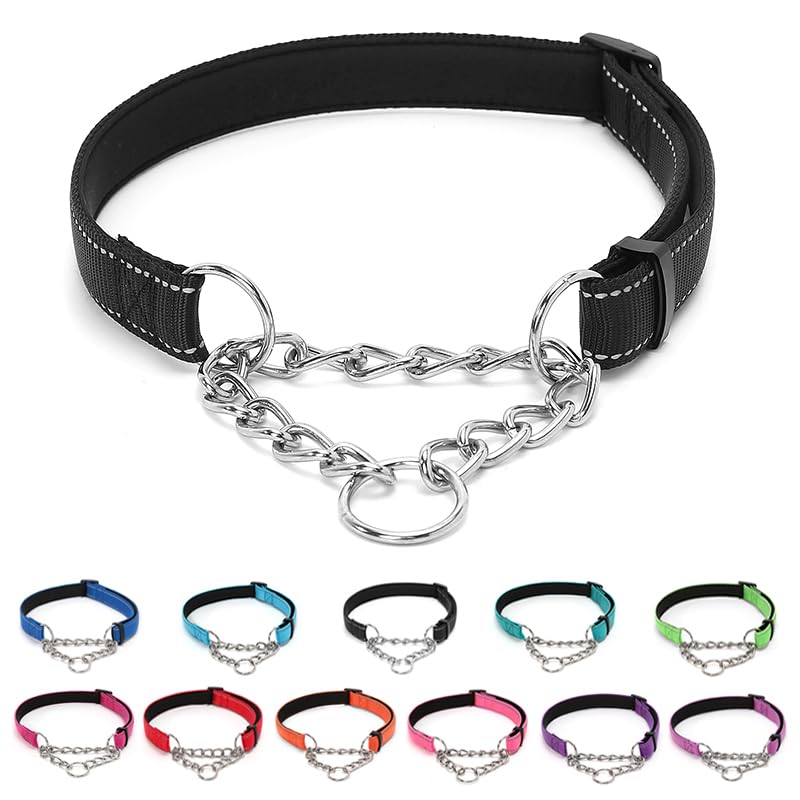 LOS ANDES Dog Choke Collar Martingale with Limited Chain, Soft Padded No Pull, Reflective Training Collars for Large, Medium and Small Dogs(S:Neck 25-45cm,Black)