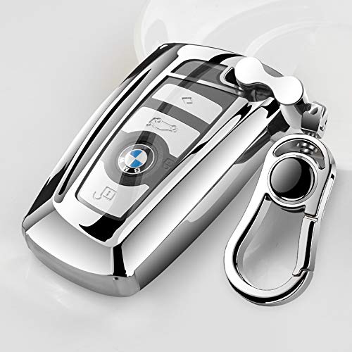 Tpu Silicone Full Protective Car Key Fob Cover for BMW，3 Buttons Remote Control Smart Key Case with Leather Keychain, Compatible with BMW 1/3/4/5/6/7 Series and X3/X4/M5/M6/GT3/GT5,etc.-Silver