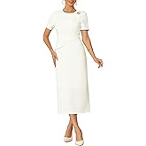 WOMLAYOUT Women's Formal Dress Crewneck Short Sleeve Pleated Waist Dressy Work Sheath Dresses