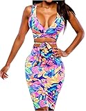Uget Women's Crop Top Midi Skirt Outfit Two Piece Bodycon Bandage Nightclub Dress