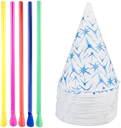 Party Snow Cone 200 pack, Snowflake Sno Cone Cups + Colored Spoon Straws Mega Kit Shaved Ice set
