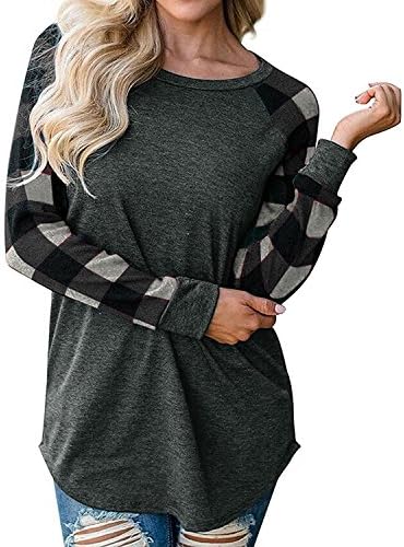 promdressonline Womens Tops Long Sleeve Raglan Plaid Fall Shirts t Shirt Oversized Sweatshirts Tops GRAY-2XL