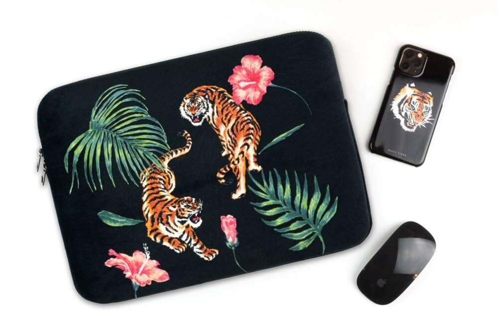 Photo 1 of [MUZIKTIGER] Fantasy Tiger VER.3 Black Oriental Asian Tiger Drawing Laptop/Tablet Sleeve - Compatible with MacBook Pro16, HP/Dell/Lenovo/Asus/Acer, Polyester Pouch with 2 Double Way Zippers