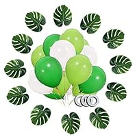 100 PCS 12 Inch Balloons Dinosaur Party, White Light Dark Green Latex Balloons with 3 PCS Ribbon 12 PCS Artificial Tropical Palm Leaves for Dinosaur Party Supplies, Baby Shower, Dino Jungle Jurassic Birthday Party Decorations