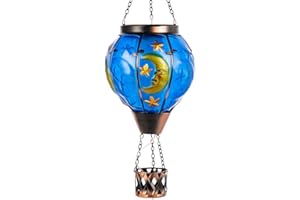 Giole Moon Pattern Hot Air Balloon Solar Lantern with Flickering Flame , Hanging Outdoor Lantern Light Glass Waterproof Decor for Patio, Porch, Garden