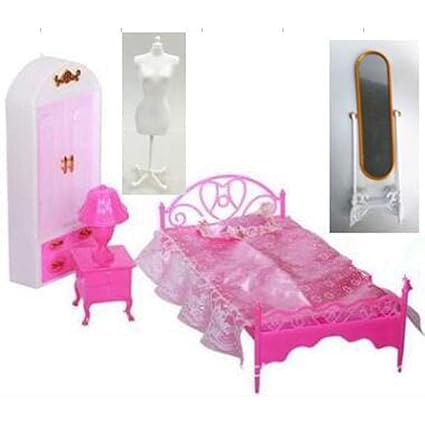 Leoie Mini Dollhouse Bedroom Furniture Toy Set Accessories Mirror Closet Bed Holder Lamp Set
