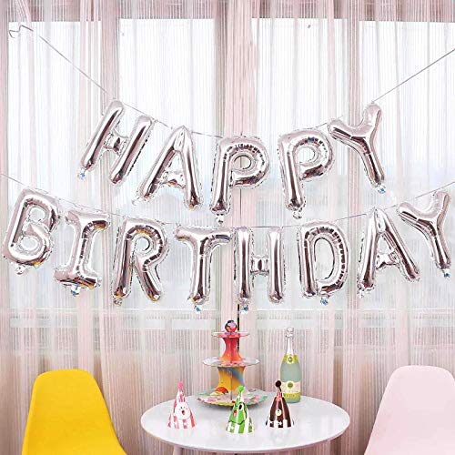 Conniecony Happy Birthday Balloons,16 inch Happy Birthday Alphabet Banner Foil Balloons Mylar Balloons for Birthday Decorations and Party Supplies (Silver)