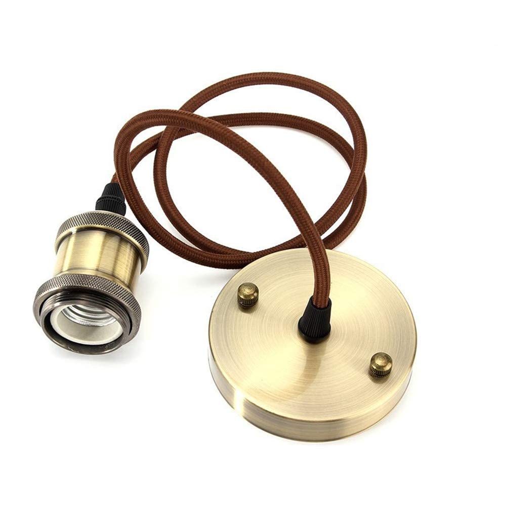 Vintage Pendant Light Fitting, Industrial Pendant Light E27 Socket Lamp Holder with 1 m Round Braided Cable Antique Brass