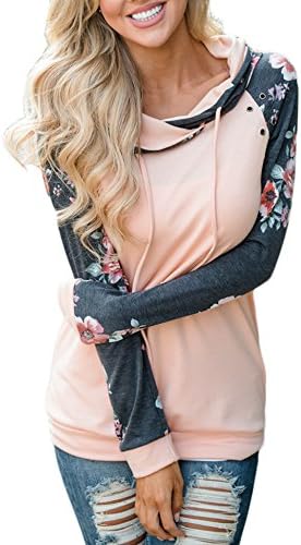 Vemper Womens Floral Printed Casual Long Sleeve Hoodie Pullover Sweatshirts with Pockets,Pink,Small