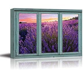 Lavender Field in Full Bloom with a Setting Sun in The Distance - Gold Pink and Blue Sky - Canvas Art Home Art - 24x36 inches