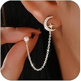 LOVPEPY Moon Star CZ Chain Earrings for Women,925 Sterling Silver Double Piercing Dangle Chains Earrings to Daughter 14K Gold Plated Climbers Crawler Tassel Stud Earrings Valentines Day Gifts Jewelry