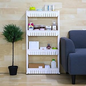 Ebee 4 Layer Storage Organizer Slim Plastic Rack Shelf with Wheels – White