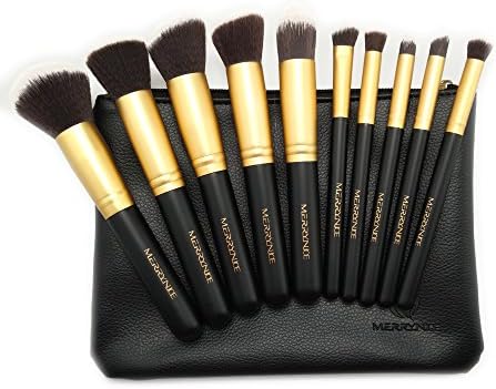 Merrynice Makeup Brushes Premium Portable Makeup Brush Set Synthetic Kabuki Cosmetics Foundation Blending Blush Eyeliner Face Powder Brush Makeup Brush Kit (10PCS Golden Black)