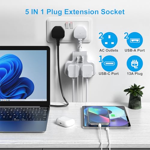 TOPREK Multi Plug Adaptor with USB C, Double Plug Adapter UK, 5cm Short Extension Lead、Compact Wall-Mounted Adapter UK for Home, Office, Kitchen