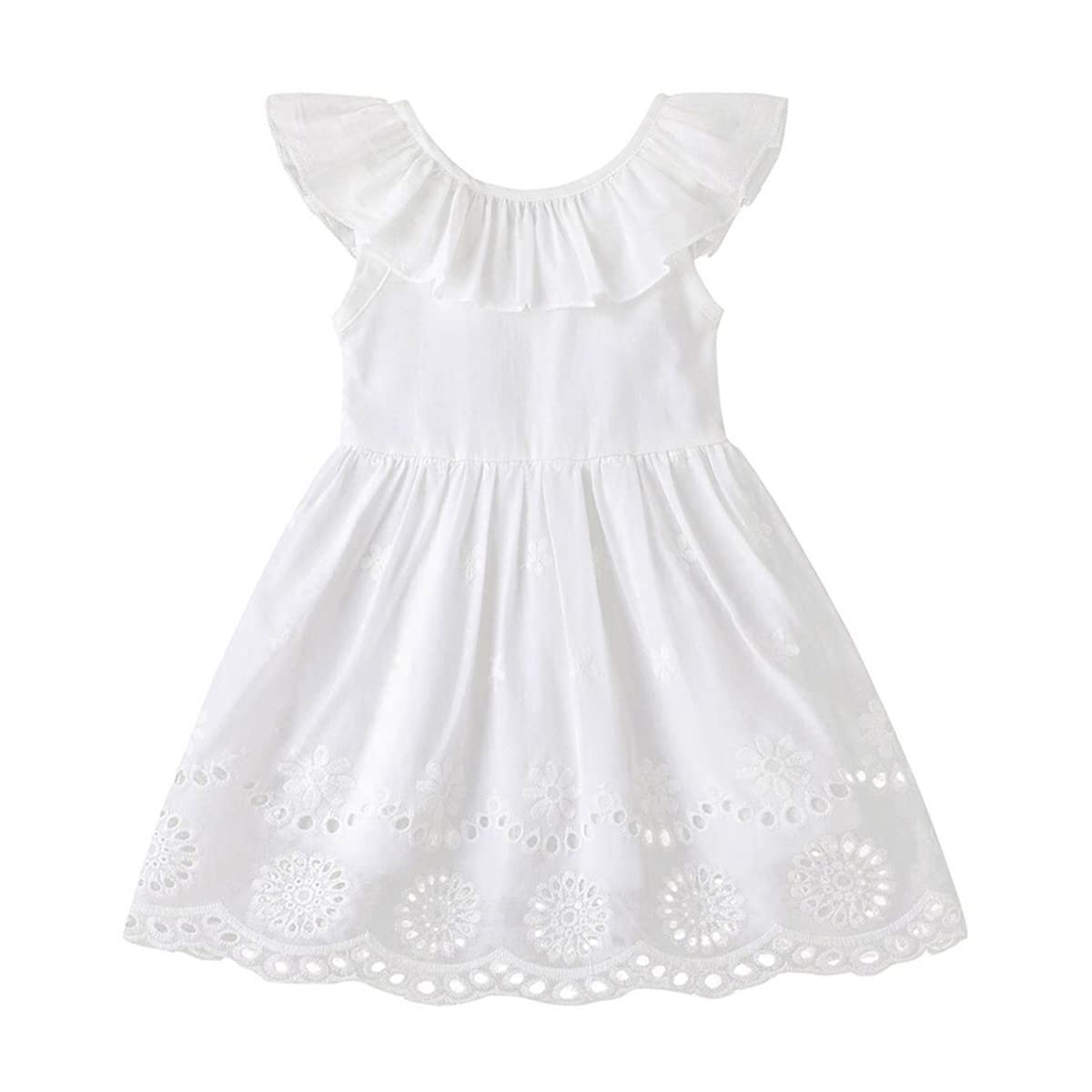 Photo 1 of Aruzig Toddler Baby Girls Eyelet Dress White Ruffle Sleeveless Tunic Sundress Kids Casual Beach Party Clothes (White Embroidered Dress, 3-4T)