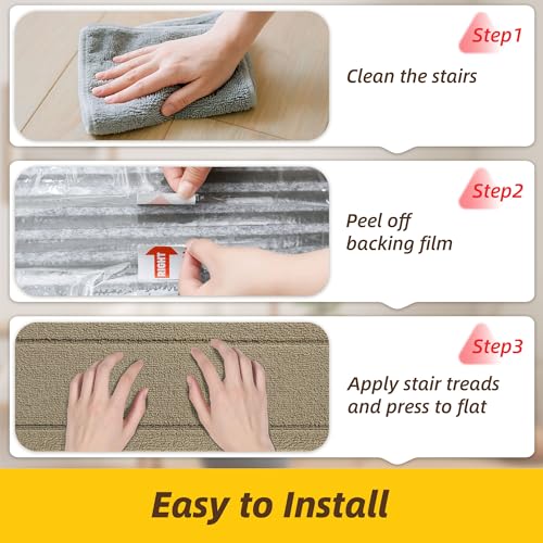 Non-Slip Stair Treads for Wooden Steps Indoor, 15 Pack 8" X 30" Edging Stair Rugs with TPE Backing,0.45" Thick Carpet Stair Treads for Kids Elders & Pets, 100% Polyester Soft Stair Runners, Beige