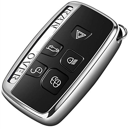 Intermerge Key Fob Cover for Range Rover Evoque Velar Sport Discovery Freelander2 LR4 Land Rover Sport and Jaguar XF XJ XE F-PACE F-Type 5-Buttons,Premium Soft TPU Protective Key Fob Case, Silver