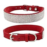 Sunward Bling Rhinestones Dog Collar - Soft Leather Made - Perfect for Pet Show & Daily Walking (M, Red)