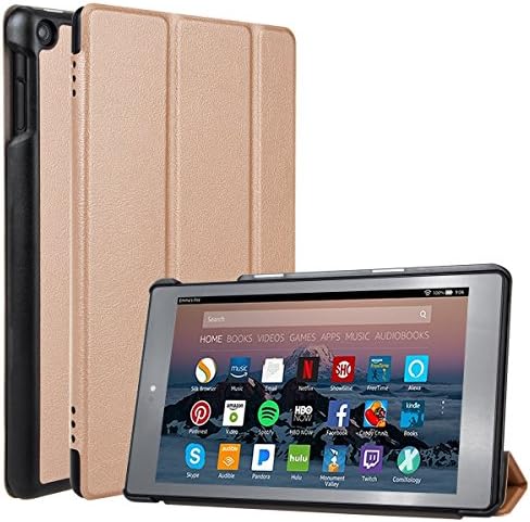 GARUNK Case for Amazon All-New Fire HD 8 Tablet (7th Generation, 2017 Release Only) - Slim Folio Leather Folding Stand Hard PC Back Cover for Fire HD 8, GOLD (with Auto Wake / Sleep)