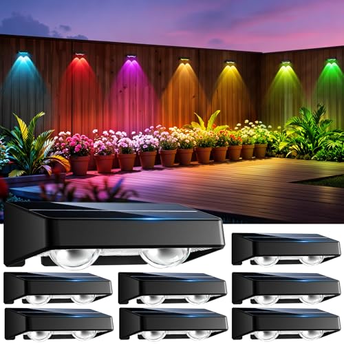nibuuecer Solar Fence Lights Outdoor, 8 Pack Color-Changing Garden Lights Solar Powered IP65 Waterproof with 9 Colors & 11 Lighting Modes, Dusk to Dawn Solar Wall Lights for Fence, Patio, Deck Decor