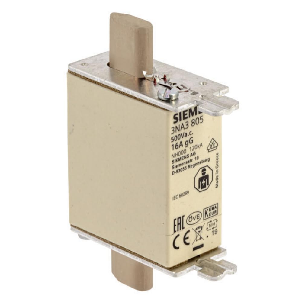 Siemens 3NA3805 LV HRC Fuse Link, NH000, in: 16 A, gG, Un AC: 500 V, Un DC: 250 V, Front Indicator, Non- Insulated Grip lugs, White