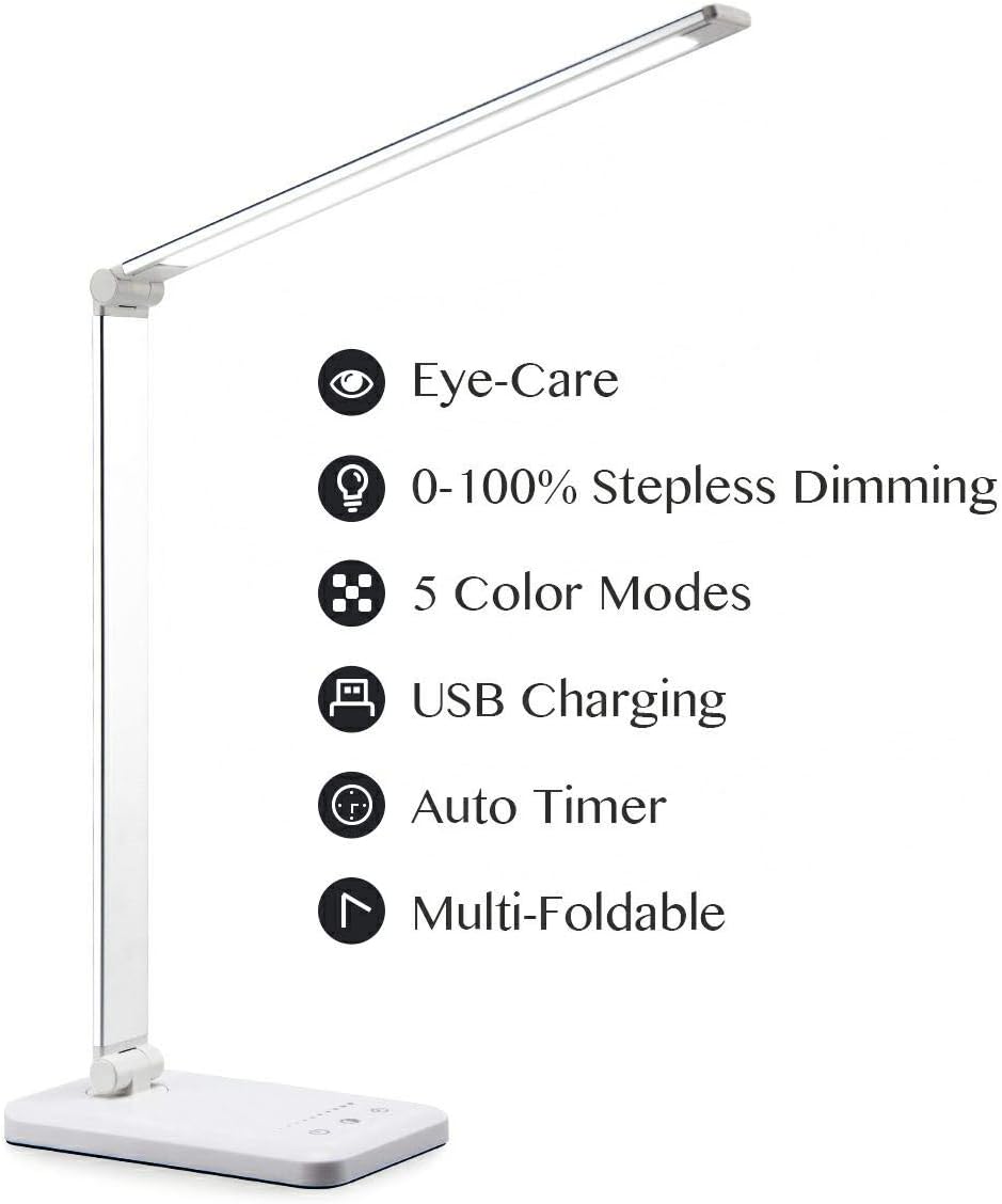 LED Table Lamp, Eye-caring Desk Lamp with USB Port, Touching Dimming Office Light, 30/60 Minutes Timer, 5 Colors Modes,0-100% Stepless Dimming, Foldable LED Lamp for Reading, Studying, Working, Sliver